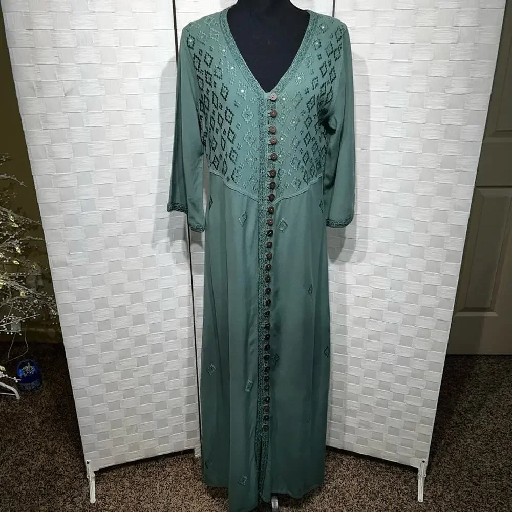 Soft Surroundings Womens Embroidered Sequin Kaftan Maxi Dress Size Small Green - Picture 10 of 11